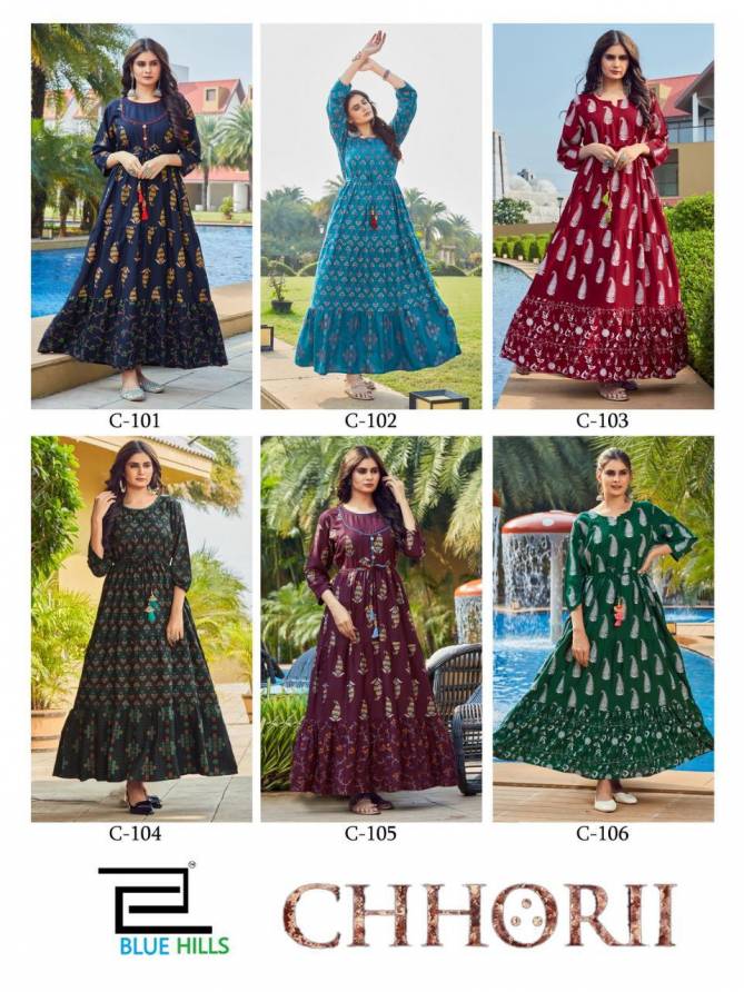 Blue Hills Chhorii Latest Heavy Festive Wear Rayon Printed Anarkali Long Kurti Collection